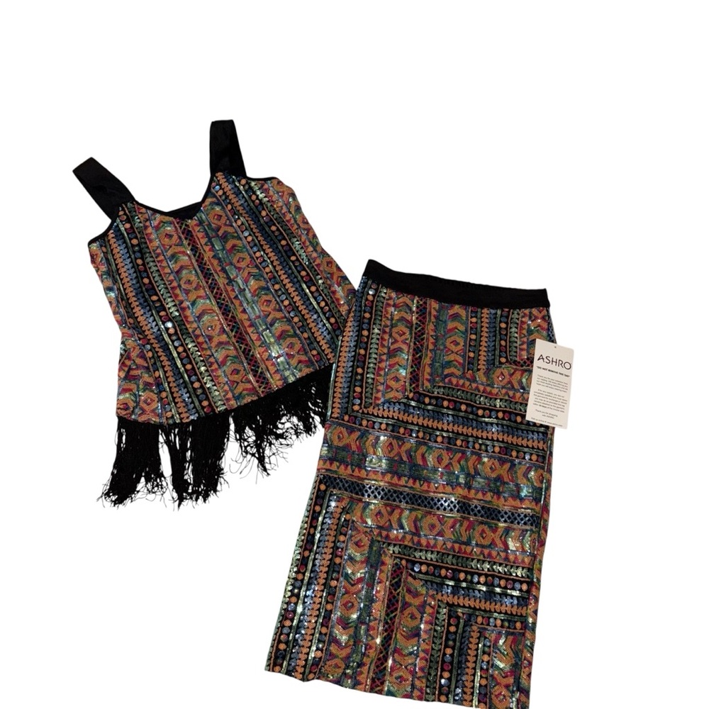 NWT Ashro Colorful Sequin Skirt and top set size Small